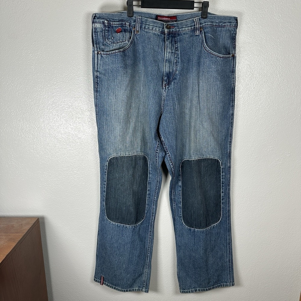 Rocawear Jeans Mens 42x34 Y2K Patchwork Baggy Denim Vintage Red Stitch Embroider